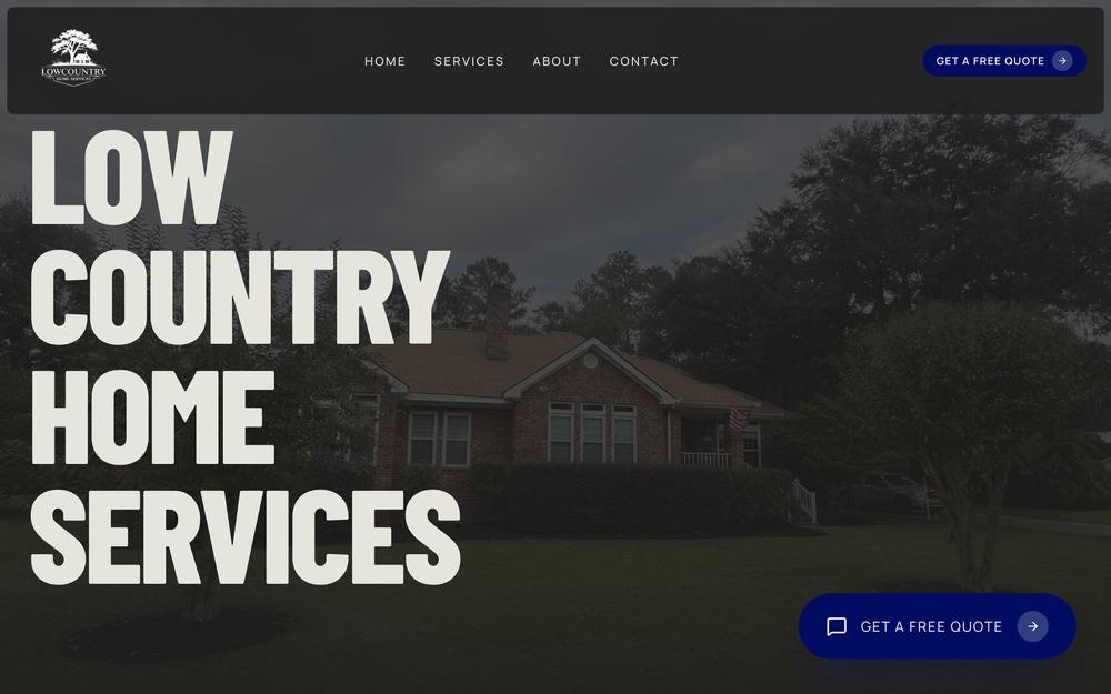 The Low Country Home Services home page: a large condensed wordmark over a photograph of a house and lawn.